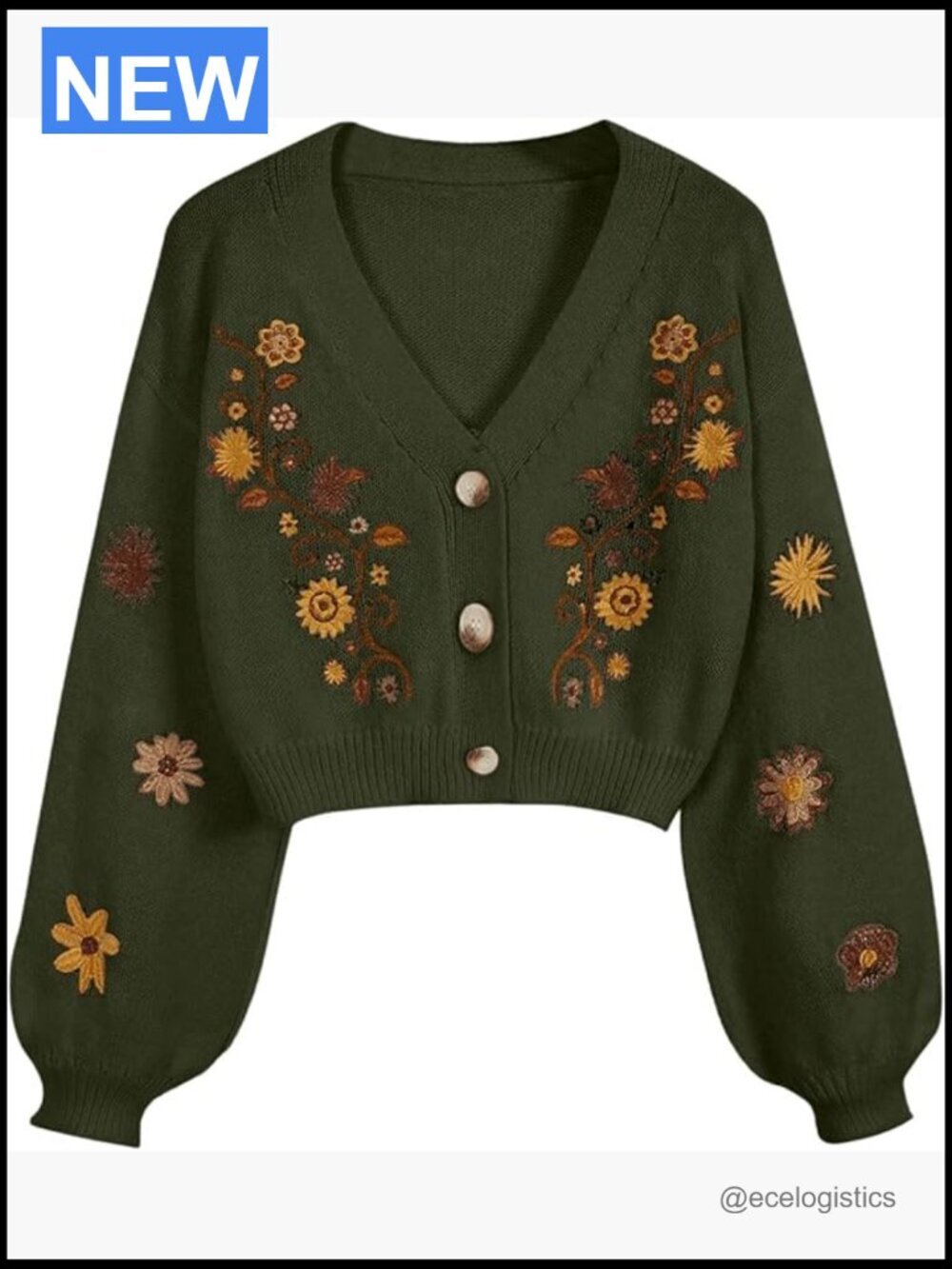 Cropped Floral Boho Cardigan Sweater Embroidery Button Down Long Sleeve V-Neck